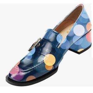 YDN Blue Print Polka Dot Square Toe Loafers Slip on Block Low Heel Buckle Pumps